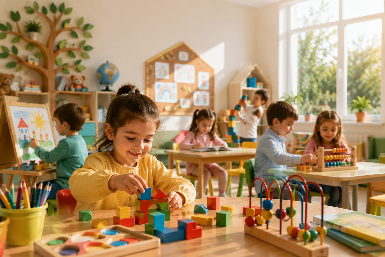 Başakşehir anaokulu araştıran aileler için oyun temelli etkinliklere katılan mutlu anaokulu öğrencileri