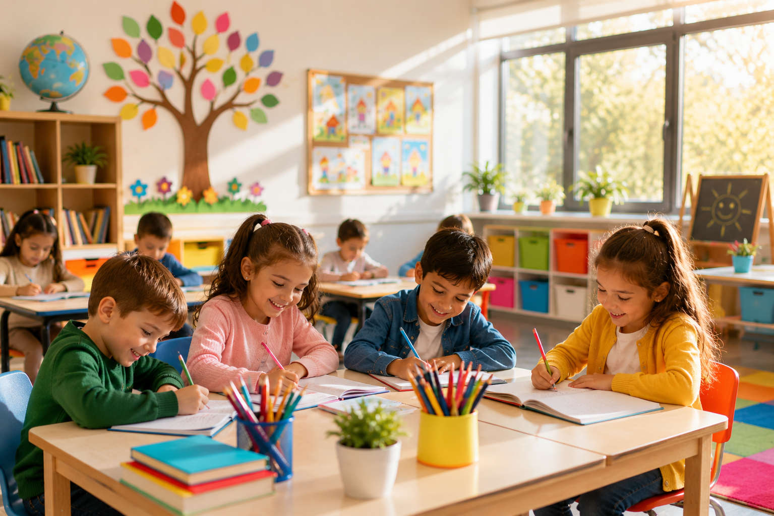 Esenler İlkokul araştıran aileler için modern sınıfta birlikte ders işleyen ilkokul öğrencileri
