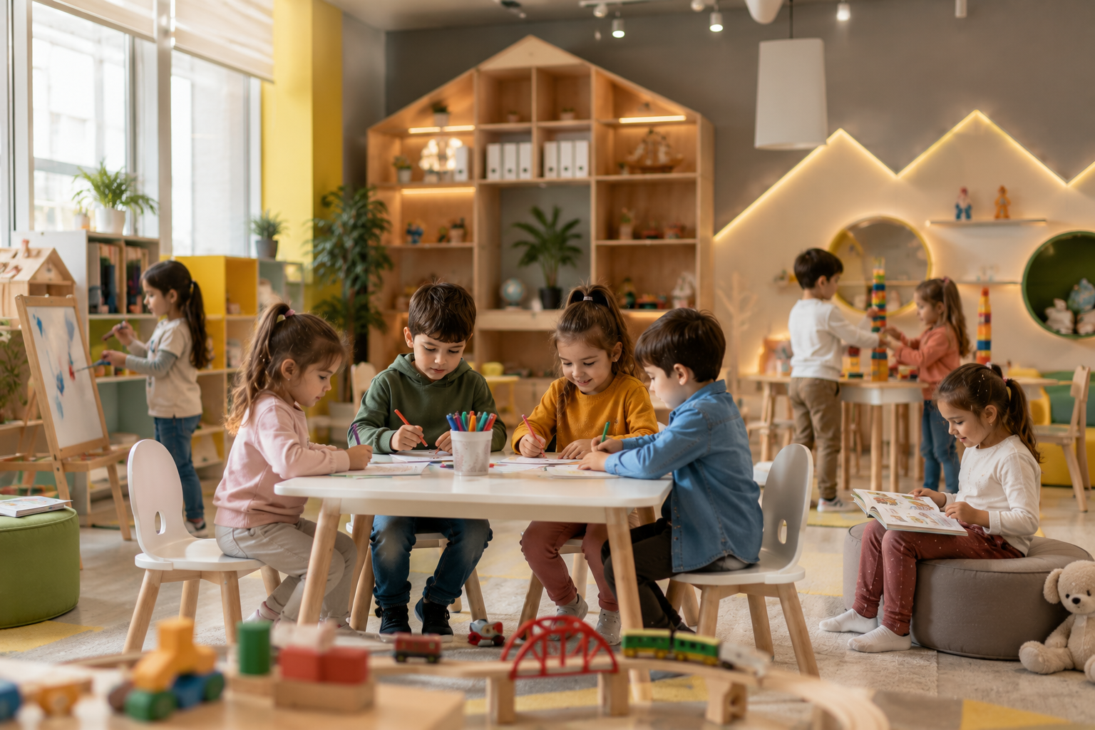 Güngören Anaokulu araştıran aileler için oyun temelli etkinliklere katılan mutlu anaokulu öğrencileri