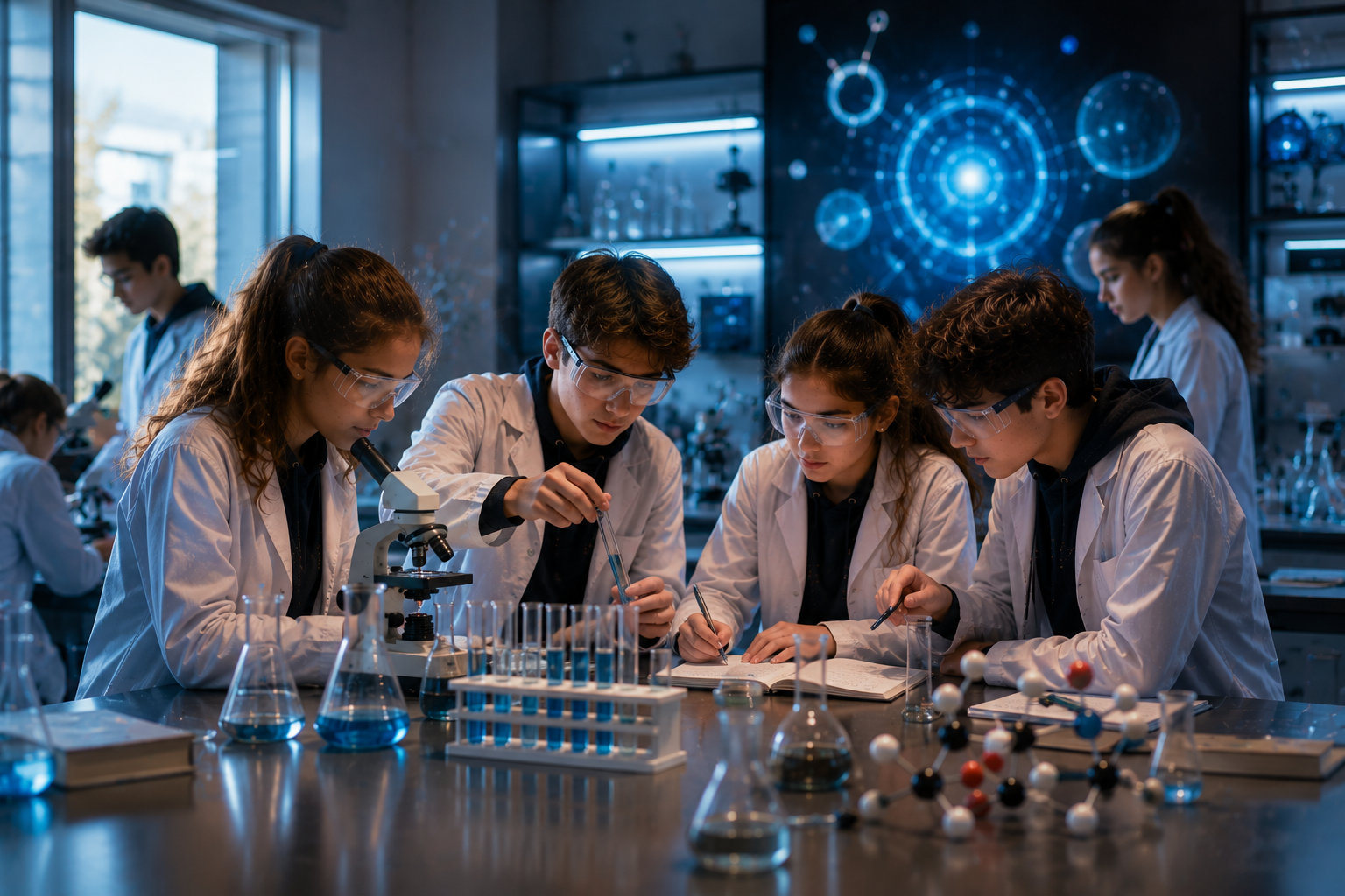 Güngören Fen Lisesi araştıran aileler için modern laboratuvarda deney yapan fen lisesi öğrencileri