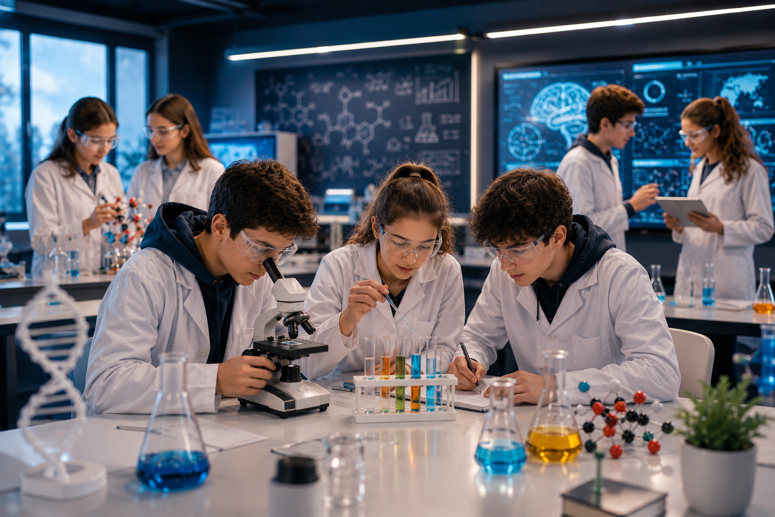Küçükçekmece Fen Lisesi araştıran aileler için modern laboratuvarda deney yapan fen lisesi öğrencileri